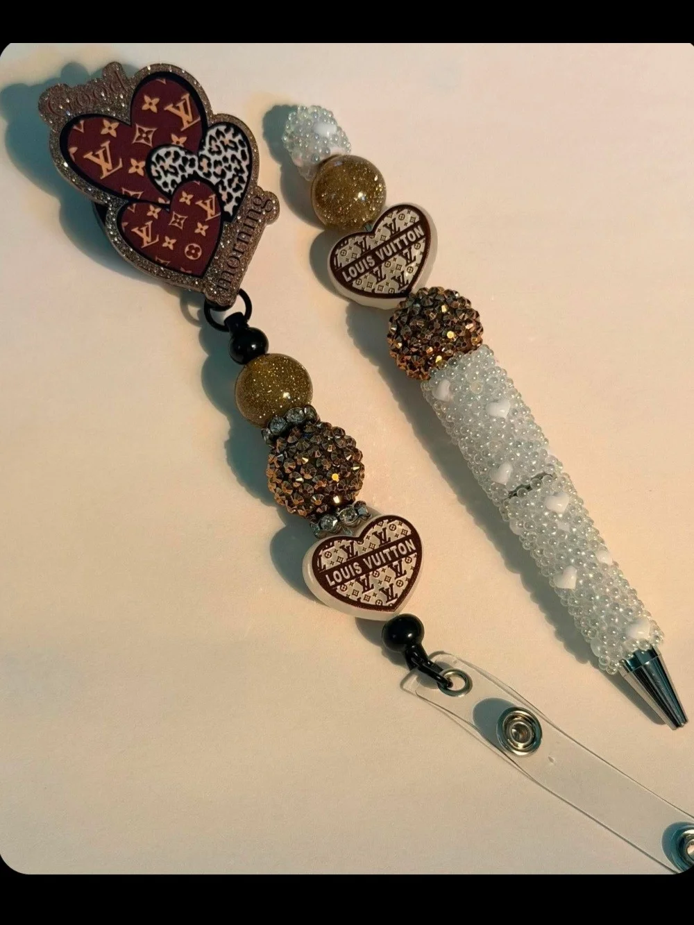 Handmade Inspired White Beaded Pen and Gold-Accented Heart Badge Reel